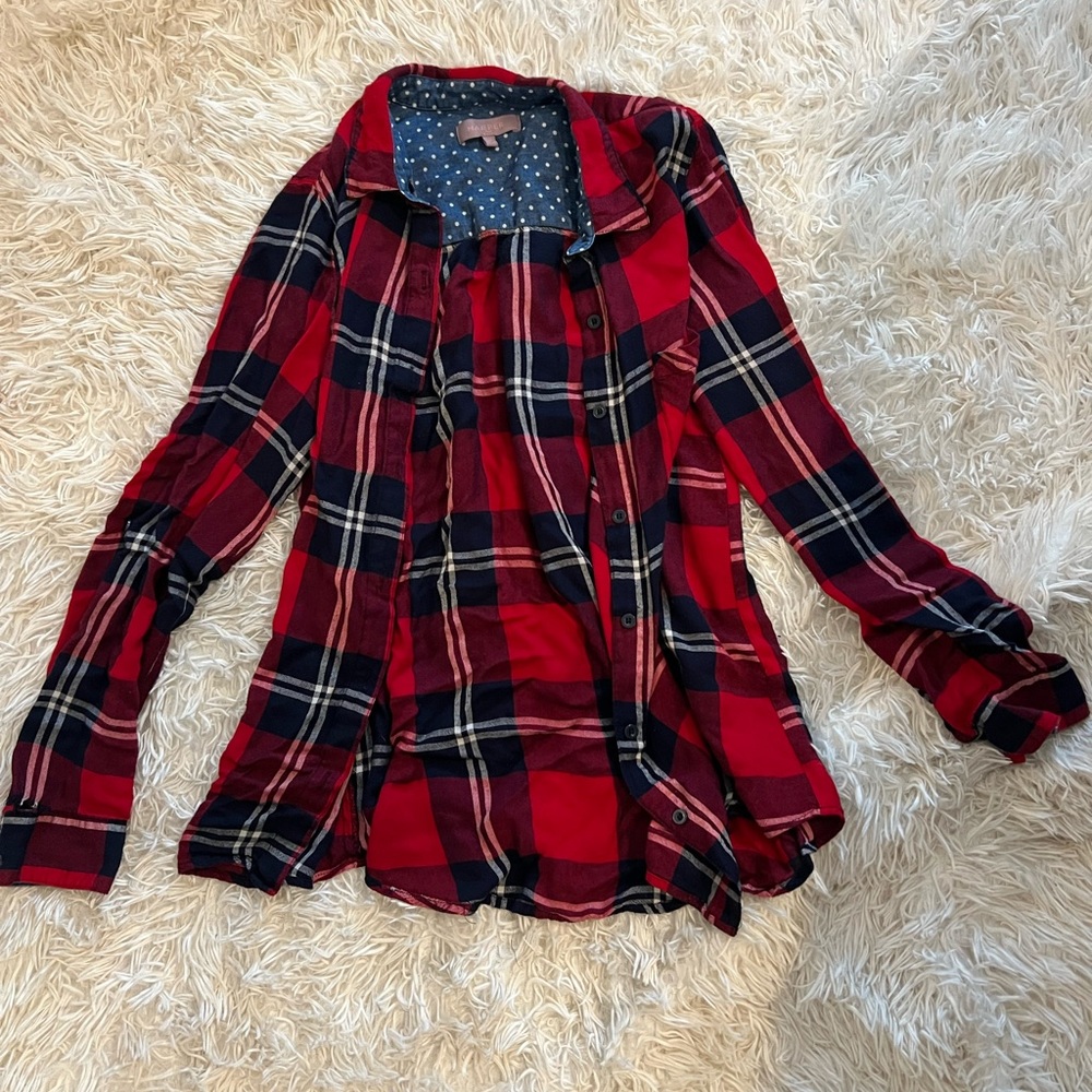Red plaid shirt, brand is Harper, size medium
